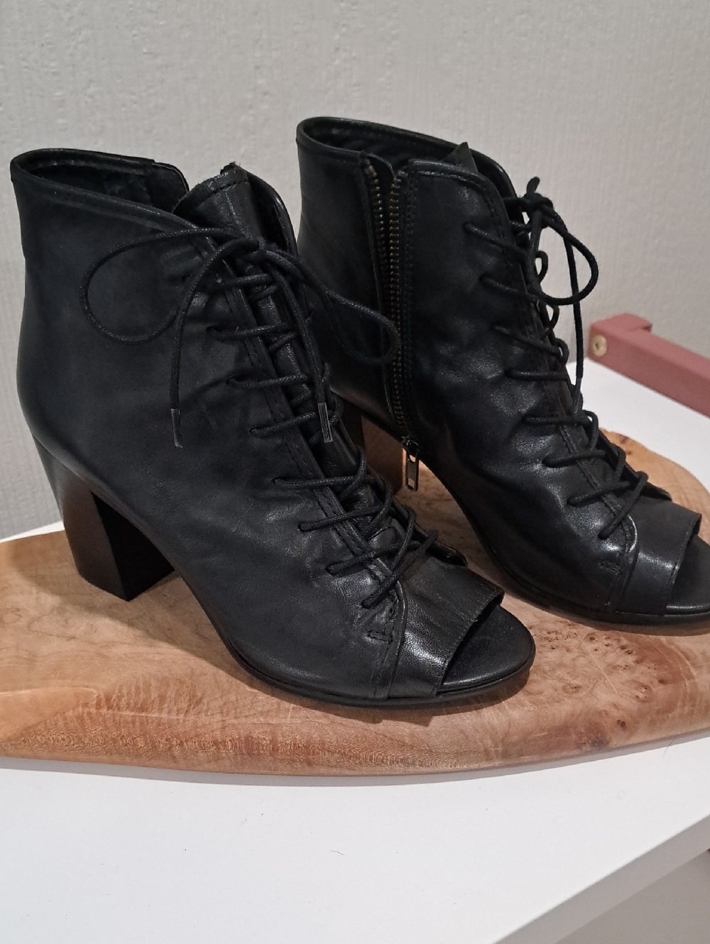 Steve Madden Black Lace-Up Peep Toe Block Heel Ankle Boots